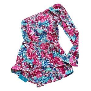 Cupshe One Shoulder Tropical Floral Romper Pink Blue Medium NWT